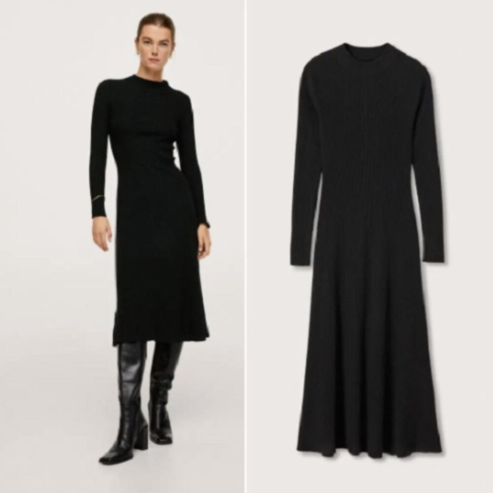 MANGO Ribbed Knit Dress in Black size 6 US